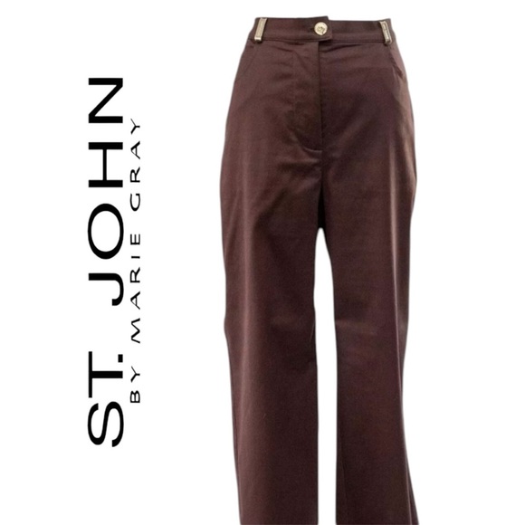St John by Marie Gray Brown Gold Accent Tailored Straight Leg Trousers Pants Sz8 - Picture 1 of 16